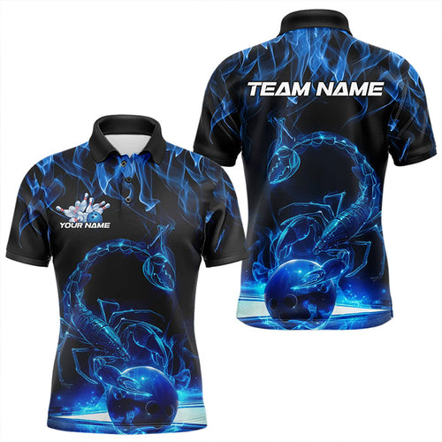 Custom Black And Blue Flame Scorpio Zodiac Bowling Men Polo Shirts, Scorpion Bowling Team IPHW8969