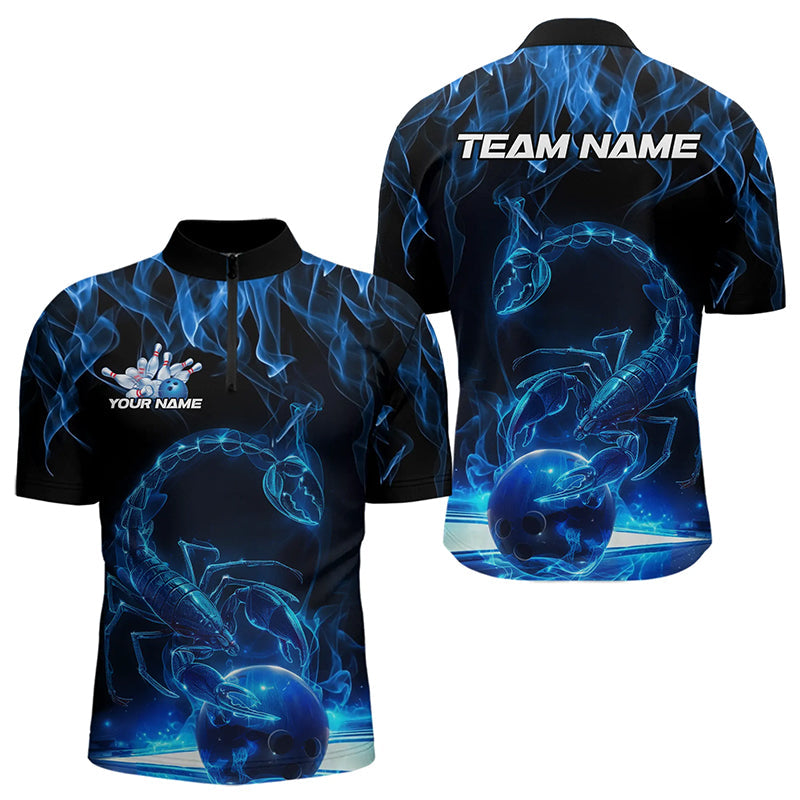 Custom Black And Blue Flame Scorpio Zodiac Bowling Men Quarter-Zip Shirts, Scorpion Bowling Team IPHW8969