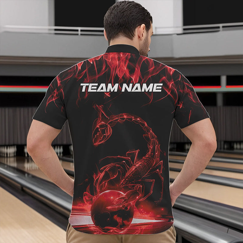 Custom Black And Red Flame Scorpio Zodiac Bowling Men Quarter-Zip Shirts, Scorpion Bowling Team IPHW8970