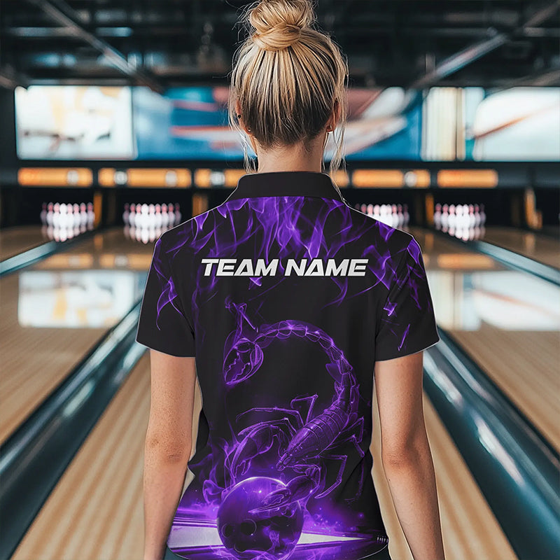 Custom Black Purple Flame Scorpio Zodiac Bowling Women Polo Shirts, Scorpion Bowling Team IPHW8971