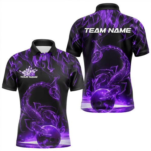 Custom Black And Purple Flame Scorpio Zodiac Bowling Men Polo Shirts, Scorpion Bowling Team IPHW8971