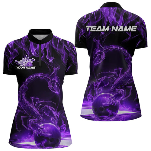 Custom Black Purple Flame Scorpio Zodiac Bowling Women Quarter-Zip Shirt IPHW8971