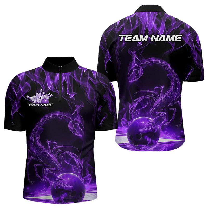 Custom Black And Purple Flame Scorpio Zodiac Bowling Men Quarter-Zip Shirt, Scorpion Bowling Team IPHW8971