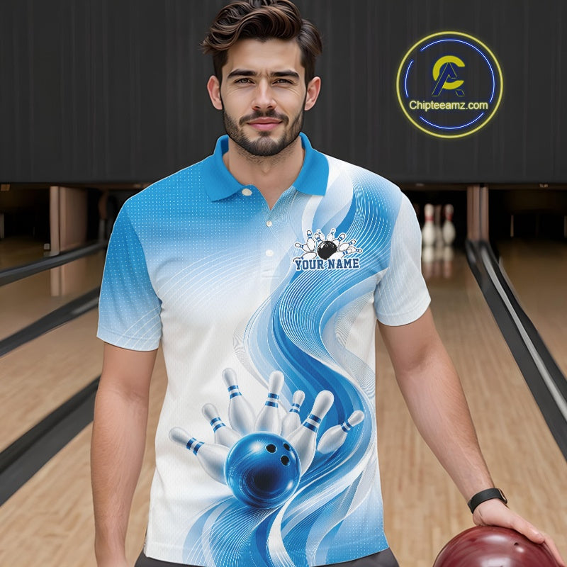 White and blue bowling polo shirt on a male model, decorated with fluid wave patterns and a glossy bowling strike graphic