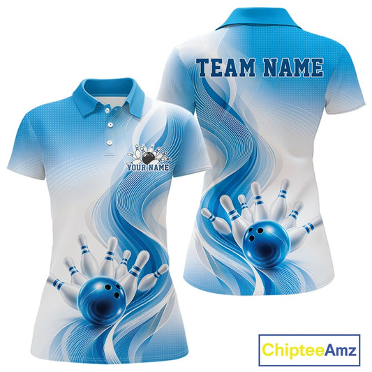 Front and back mockup of a womens white and blue bowling polo shirt with flowing wave artwork and bowling action imagery