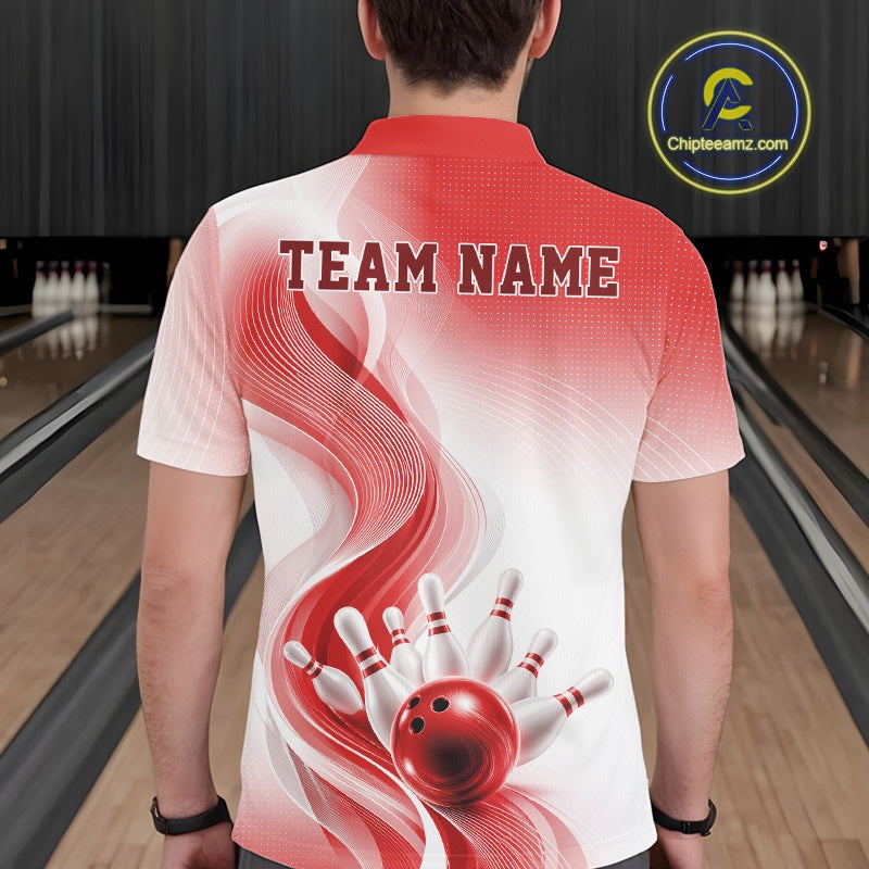 Back view of a male model wearing a white and red bowling polo with flowing abstract wave graphics and a glossy bowling ball striking pins in a bowling alley