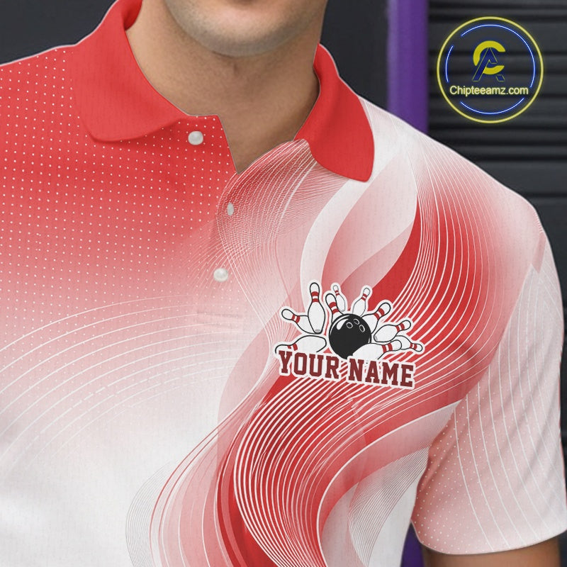 Detailed close-up of a white and red bowling polo shirt highlighting abstract wave accents and a glossy bowling action scene