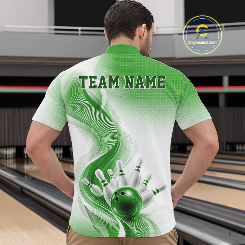 Front view of a male model wearing a white and green bowling quarter-zip shirt with fluid wave accents and a glossy bowling scene