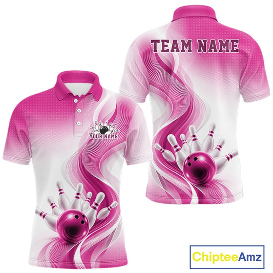 Front and back mockup of a mens white and pink bowling polo shirt featuring flowing wave artwork and a glossy bowling ball knocking down pins