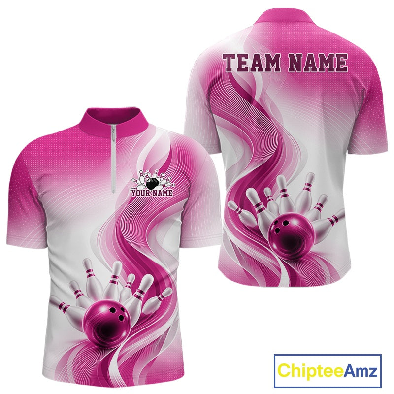 Front and back mockup of a mens white and pink bowling quarter-zip shirt featuring flowing wave accents and bowling-inspired artwork