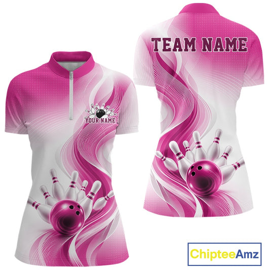 Front and back view of a womens white and pink bowling quarter-zip mockup with sweeping wave artwork and a bowling strike graphic