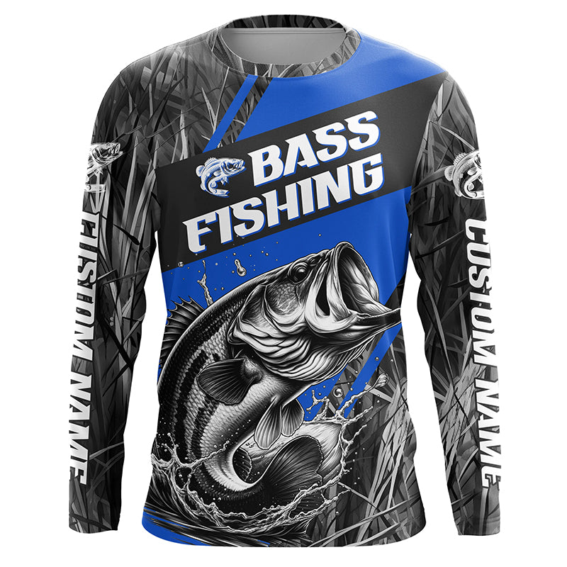 Black And Blue Camo Bass Long Sleeve Tournament Fishing Shirts, Custom Bass Fishing Jerseys IPHW6683