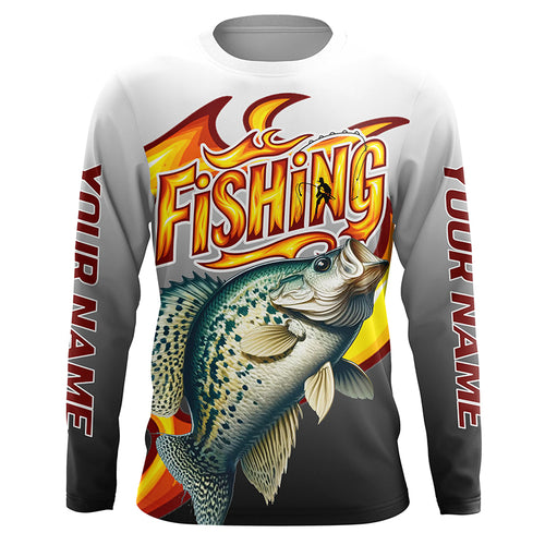 Custom Crappie Flame Fishing Shirts, Crappie Long Sleeve Fishing Jerseys Fishing Gifts IPHW6690