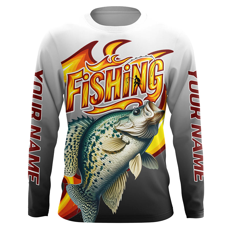 Custom Crappie Flame Fishing Shirts, Crappie Long Sleeve Fishing Jerseys Fishing Gifts IPHW6690