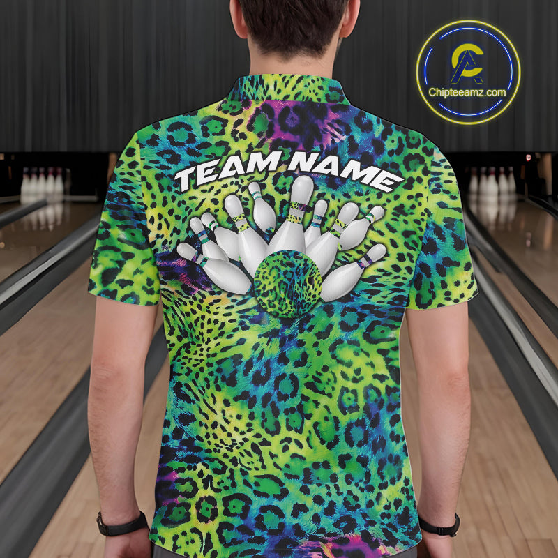 Back view of a man wearing a yellow, brown, and black leopard-print bowling shirt with “Team Name” above bowling pins and a patterned ball.