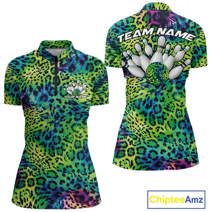 Front and back views of a womens green, blue, and black leopard-print bowling quarter zip collar, chest name text, and team name on the back.