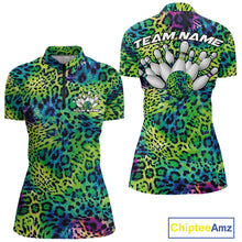 Load image into Gallery viewer, Front and back views of a womens green, blue, and black leopard-print bowling quarter zip collar, chest name text, and team name on the back.
