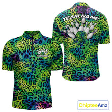 Load image into Gallery viewer, Front and back views of a mens blue, green, and black leopard-print bowling quarter zip collar, chest name text, and team name on the back.
