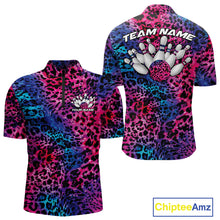 Load image into Gallery viewer, Front and back views of a mens blue, purple, pink, and black leopard-print bowling quarter zip collar, chest name text, and team name on the back.

