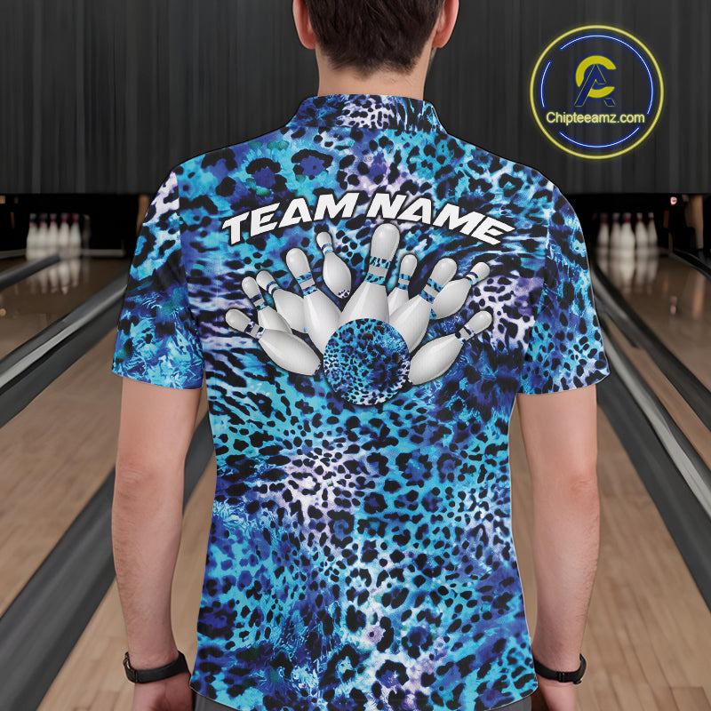 Back view of a man wearing a yellow, brown, and black leopard-print bowling shirt with “Team Name” above bowling pins and a patterned ball.