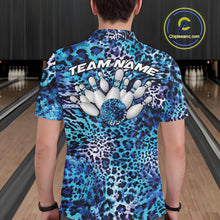 Load image into Gallery viewer, Back view of a man wearing a yellow, brown, and black leopard-print bowling shirt with “Team Name” above bowling pins and a patterned ball.