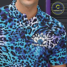 Load image into Gallery viewer, Close-up of a yellow, brown, and black leopard-print bowling shirt with a chest graphic showing pins, a patterned bowling ball, and “Your Name.”