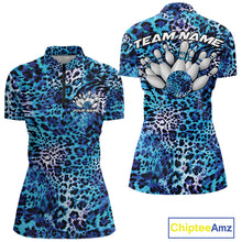 Load image into Gallery viewer, Front and back views of a womens blue, teal, and black leopard-print bowling quarter zip collar, chest name text, and team name on the back.
