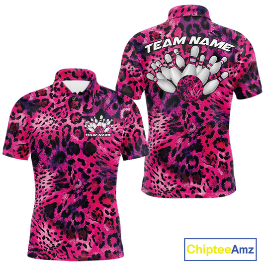 Front and back views of a mens yellow, brown, and black leopard-print bowling polo with chest name text, bowling pins, and team name on the back.