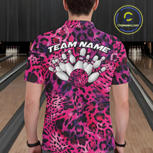 Load image into Gallery viewer, Back view of a man wearing a yellow, brown, and black leopard-print bowling shirt with “Team Name” above bowling pins and a patterned ball.