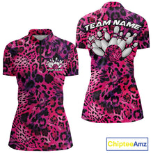 Load image into Gallery viewer, Front and back views of a womens pink, purple, and black leopard-print bowling quarter zip collar, chest name text, and team name on the back.
