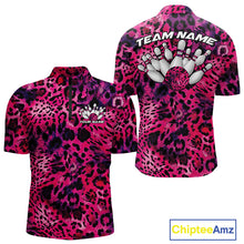 Load image into Gallery viewer, Front and back views of a mens pink, purple, and black leopard-print bowling quarter zip collar, chest name text, and team name on the back.
