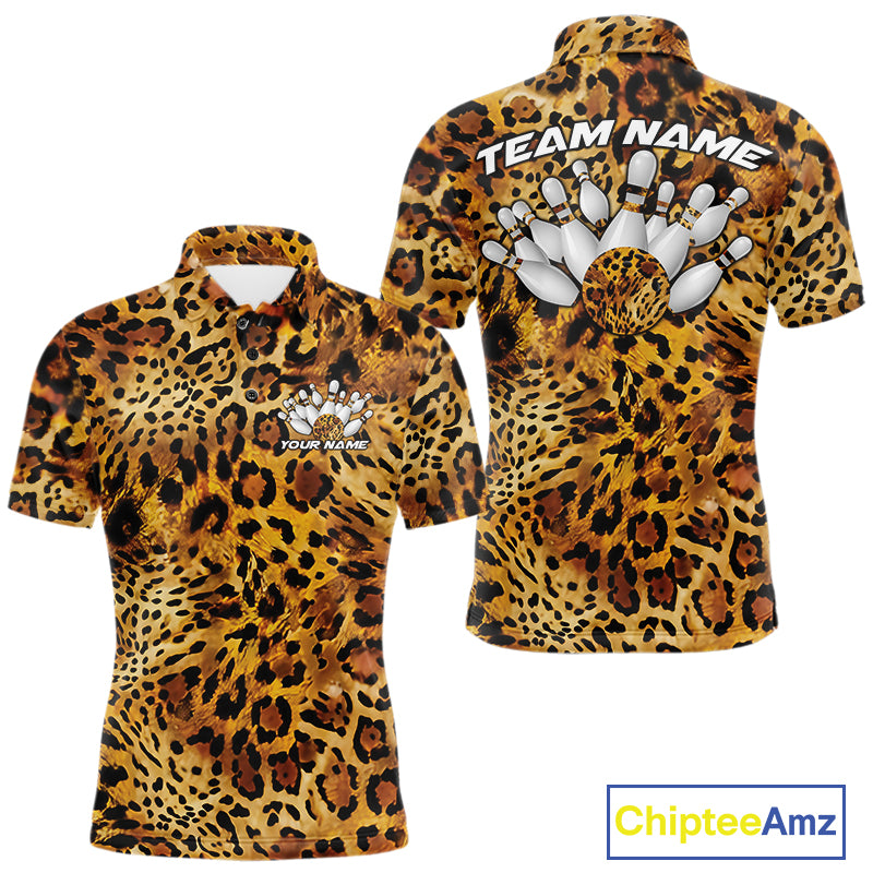 Front and back views of a mens yellow, brown, and black leopard-print bowling polo with chest name text, bowling pins, and team name on the back.