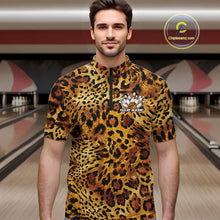 Load image into Gallery viewer, Man in a bowling alley wearing a leopard print men's quarter zip shirt with a customizable text
