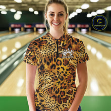 Load image into Gallery viewer, Woman in a bowling alley wearing a leopard print women's quarter zip shirt with a customizable text