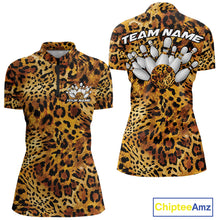 Load image into Gallery viewer, Leopard print womens bowling quarter zip shirt with customizable team name and bowling pins graphic on the back