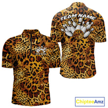 Load image into Gallery viewer, Leopard print mens bowling quarter zip shirt with customizable team name and bowling pins graphic on the back
