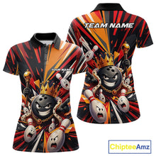 Load image into Gallery viewer, Front and back view of a women's bowling polo shirt mockup featuring a crowned cartoon bowling ball holding a royal scepter, animated bowling pins, and colorful burst artwork on a black, red, and orange shirt.