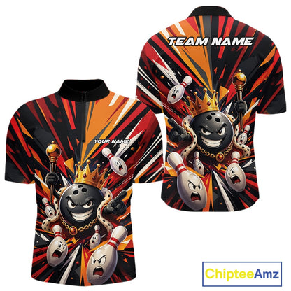 Front and back views of a men's bowling quarter-zip shirt mockup showcasing a crowned cartoon bowling ball holding a royal scepter alongside animated bowling pins with vibrant radiating color bursts in black, red, and orange.