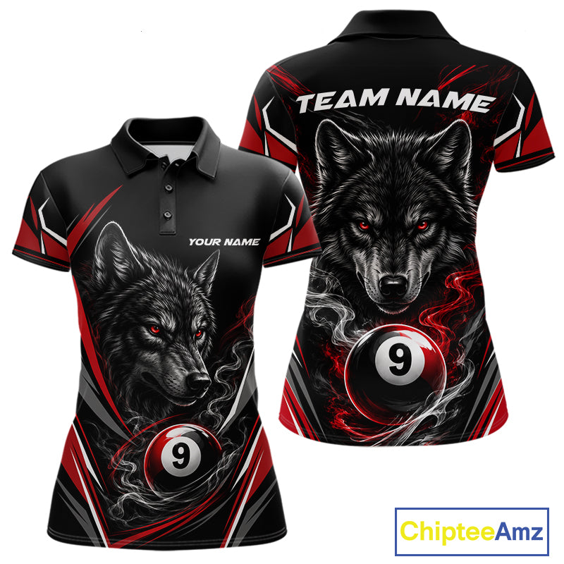 Custom Black And Red Smoke Flame 9 Ball And Wolf Billiards Women Polo Shirt, Pool Shirt IPHW11676