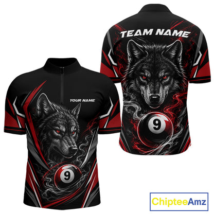 Custom Black And Red Smoke Flame 9 Ball And Wolf Billiards Men Quarter Zip Shirt, Pool Shirt IPHW11676