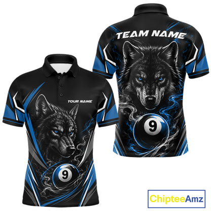 Custom Black And Blue Smoke Flame 9 Ball And Wolf Billiards Men Polo Shirt, Pool Shirt IPHW11677