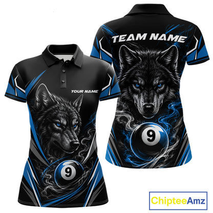 Custom Black And Blue Smoke Flame 9 Ball And Wolf Billiards Women Polo Shirt, Pool Shirt IPHW11677