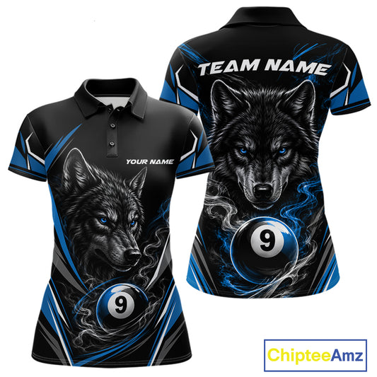 Custom Black And Blue Smoke Flame 9 Ball And Wolf Billiards Women Polo Shirt, Pool Shirt IPHW11677