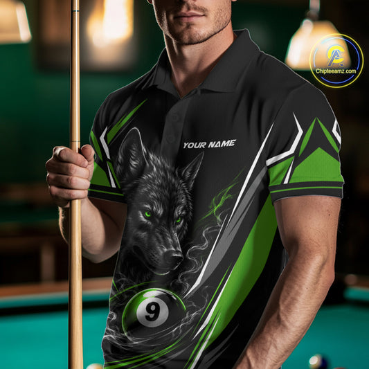 Custom Black And Green Smoke Flame 9 Ball And Wolf Billiards Men Polo Shirt, Pool Shirt IPHW11678