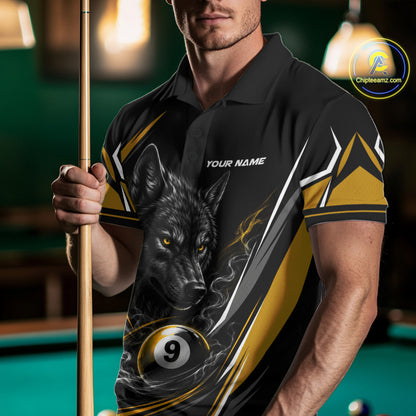 Custom Black And Yellow Smoke Flame 9 Ball And Wolf Billiards Men Polo Shirt, Pool Shirt IPHW11679