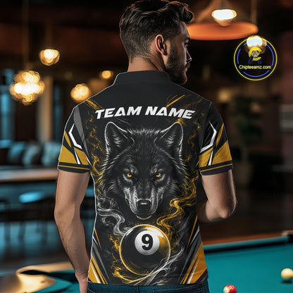 Custom Black And Yellow Smoke Flame 9 Ball And Wolf Billiards Men Polo Shirt, Pool Shirt IPHW11679