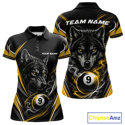 Custom Black And Yellow Smoke Flame 9 Ball And Wolf Billiards Women Polo Shirt, Pool Shirt IPHW11679