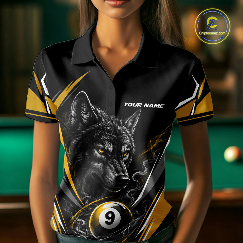 Custom Black And Yellow Smoke Flame 9 Ball And Wolf Billiards Women Polo Shirt, Pool Shirt IPHW11679
