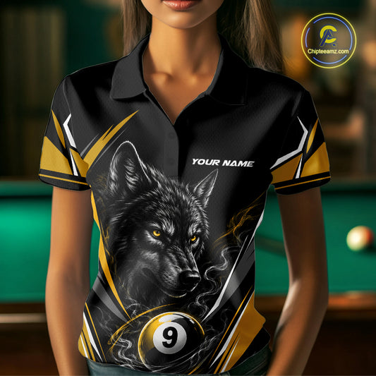 Custom Black And Yellow Smoke Flame 9 Ball And Wolf Billiards Women Polo Shirt, Pool Shirt IPHW11679
