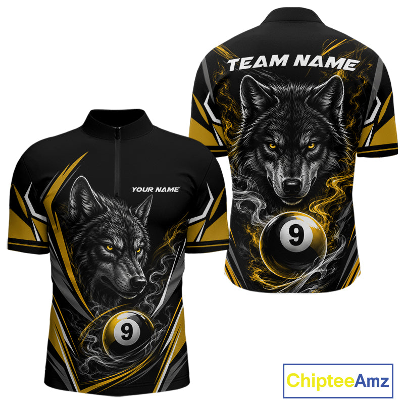 Custom Black And Yellow Smoke Flame 9 Ball And Wolf Billiards Men Quarter Zip Shirt, Pool Shirt IPHW11679